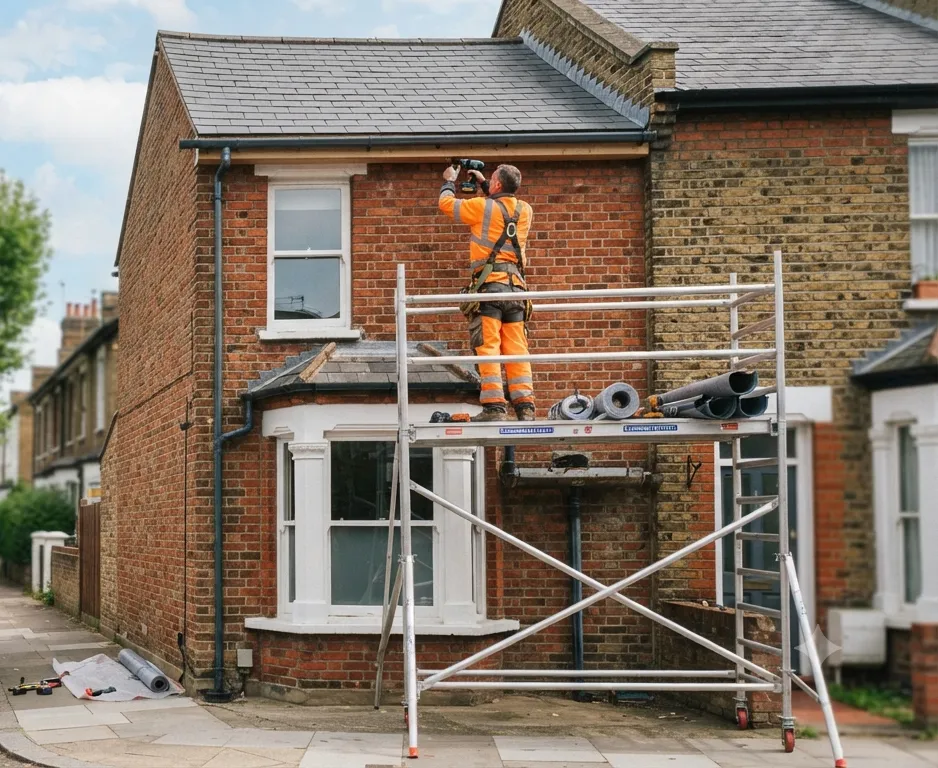Fascia and guttering maintenance from a scaffold tower