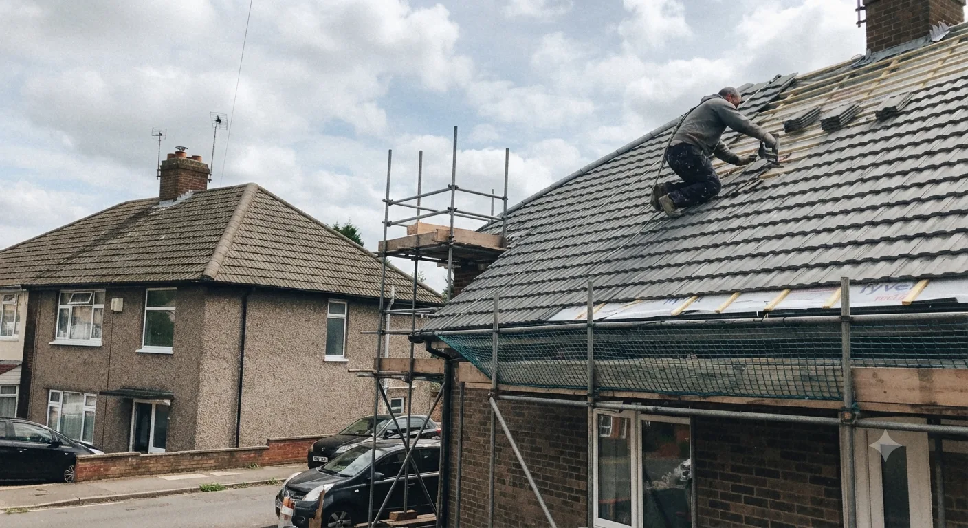 Flat and pitched roofing work with scaffolding