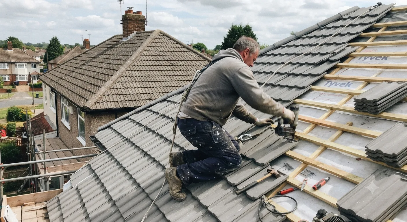 New tile roof being installed over membrane and battens